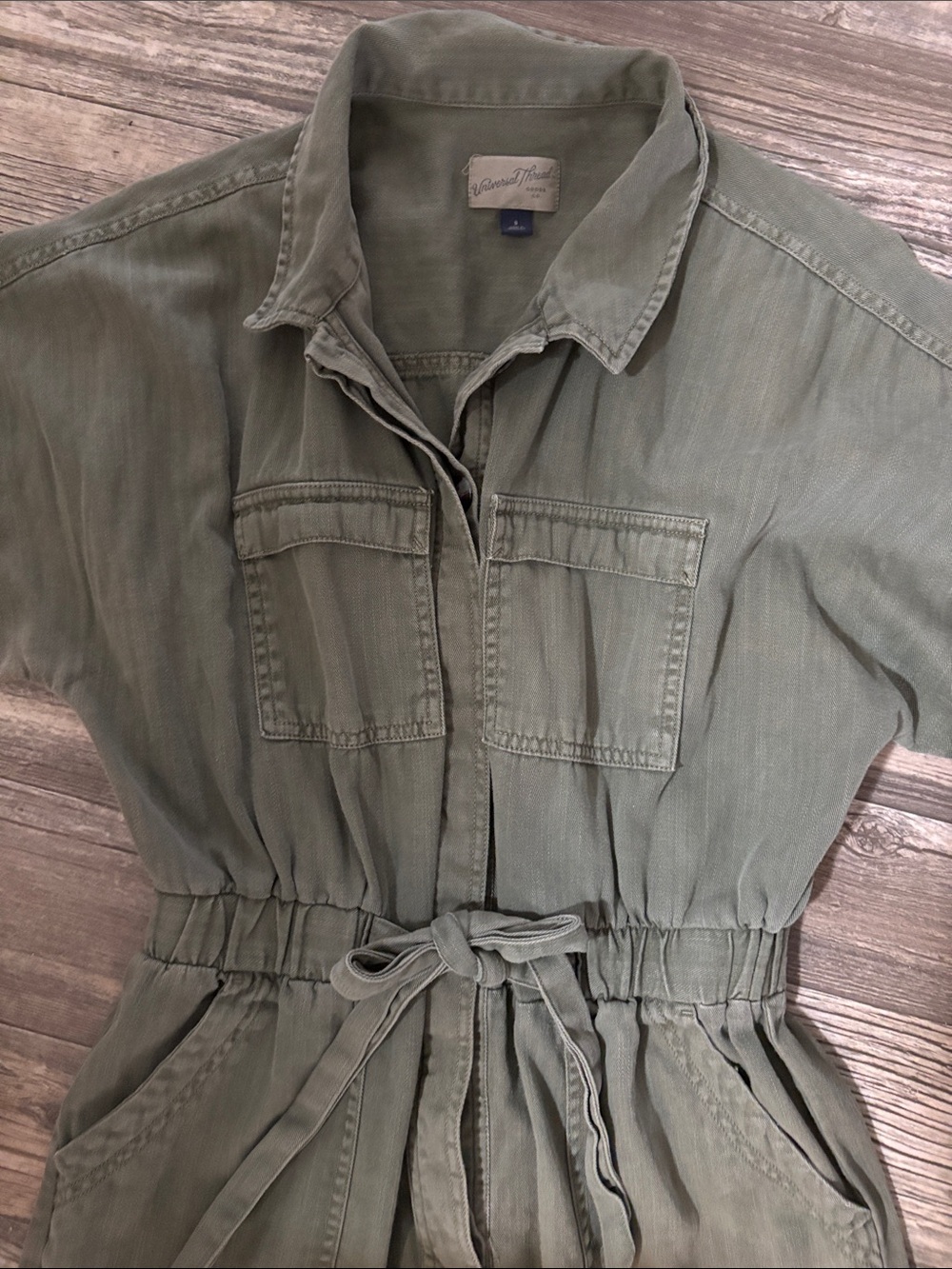 Universal Thread Olive Short-Sleeve Utility Jumpsuit with Tie Waist